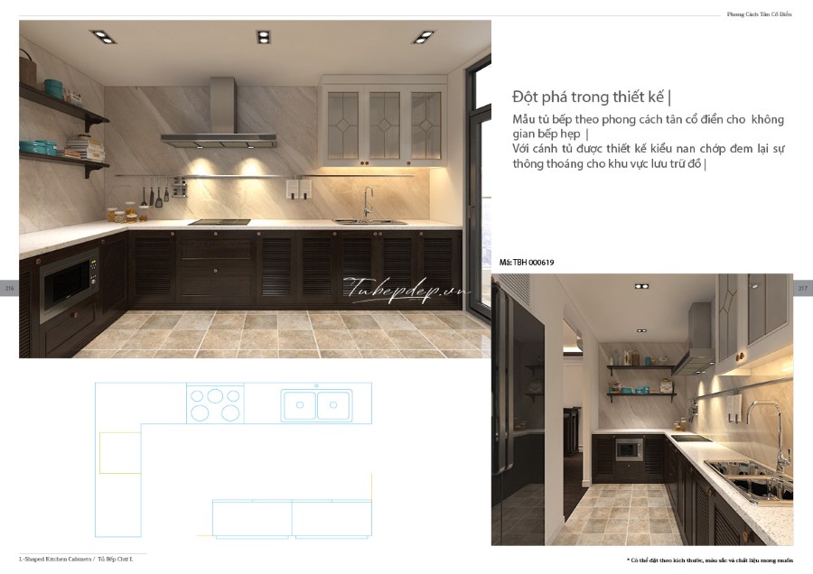 Thiết kế phòng bếp biệt thự tân cổ điển gỗ óc chó